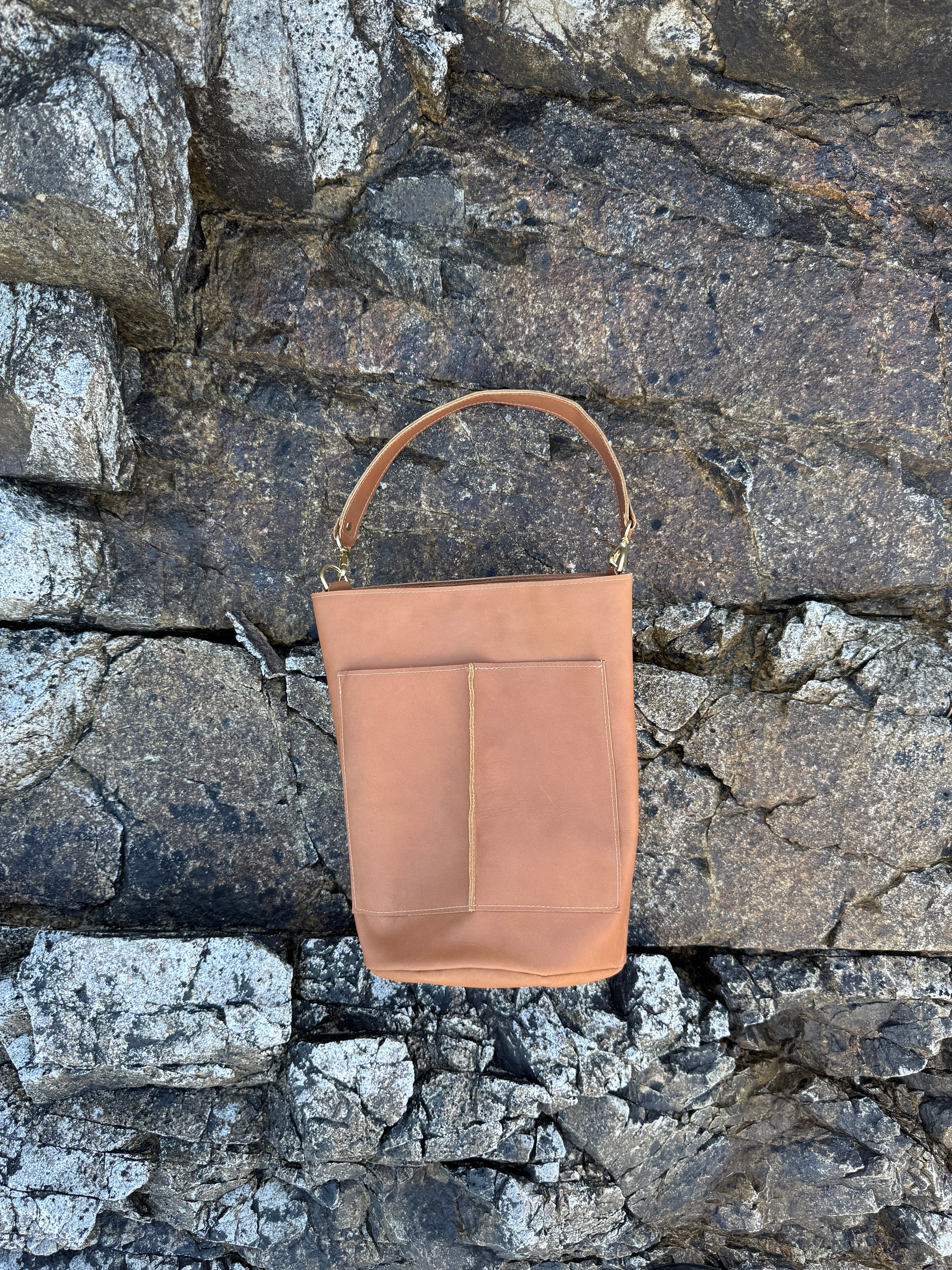 FRANCES POCKET BUCKET BAG | LATTE Leather Bag - handcrafted by Market Canvas Leather in Tofino, BC, Canada