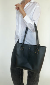 MOORE REFINED TOTE | NOIR Leather Bag - handcrafted by Market Canvas Leather in Tofino, BC, Canada