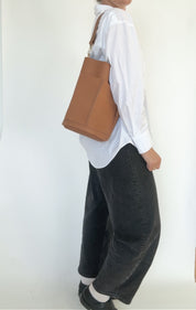 FRANCES POCKET BUCKET BAG | LATTE Leather Bag - handcrafted by Market Canvas Leather in Tofino, BC, Canada