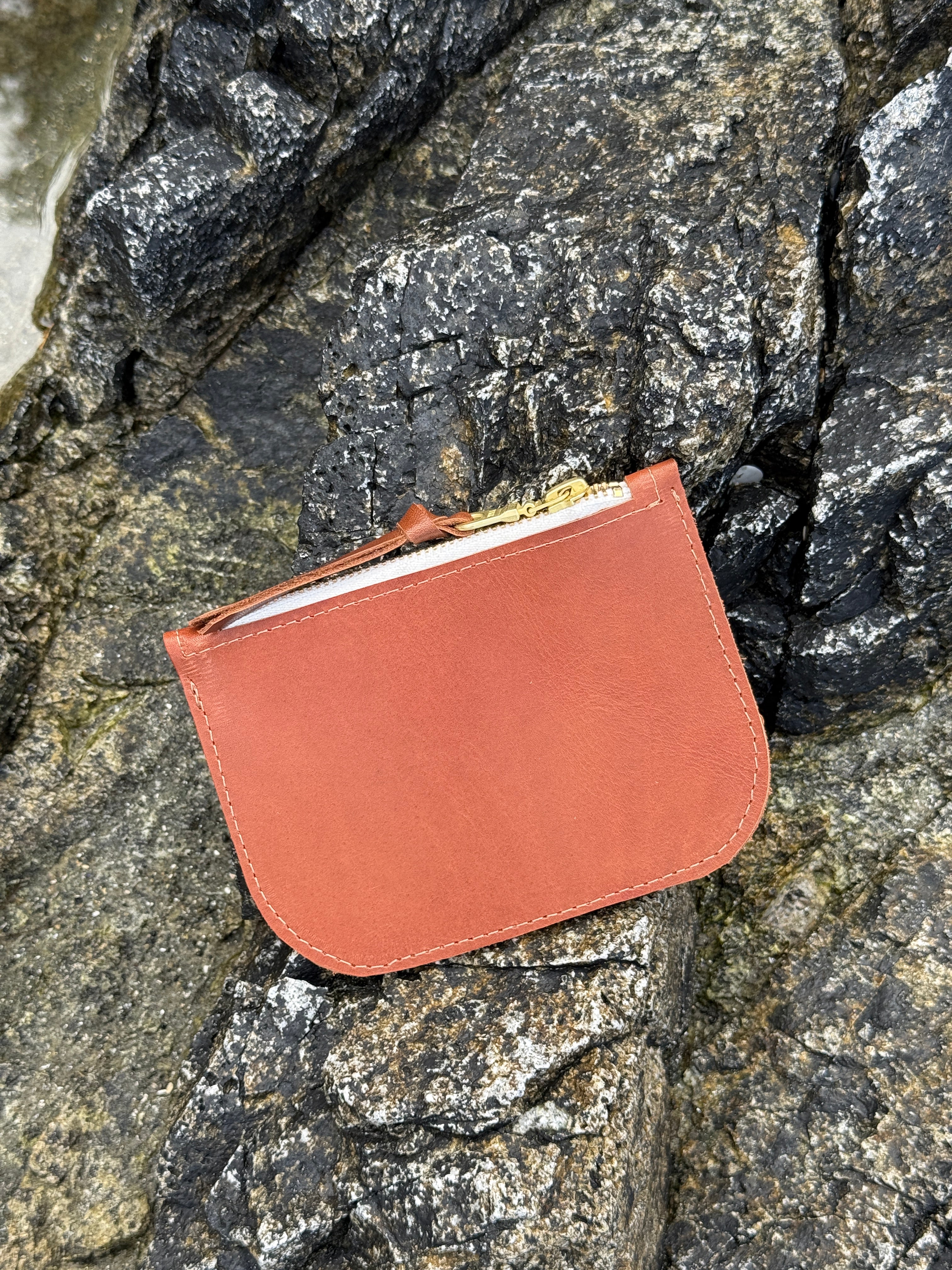 SALLY LEATHER ZIP POUCH | COGNAC Leather Bag -handcrafted by artisan Julie Neufeld Leather in Tofino, BC, Canada