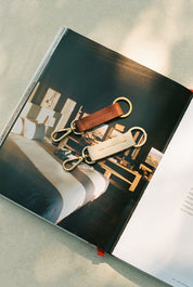 Keychains on an open book with a blurred interior background
