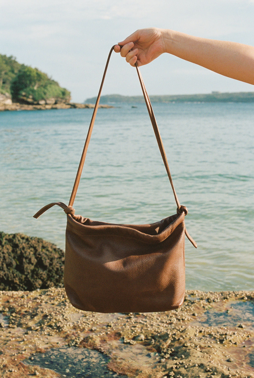 Brown leather handbag held by a hand with a scenic background of water and sky.
